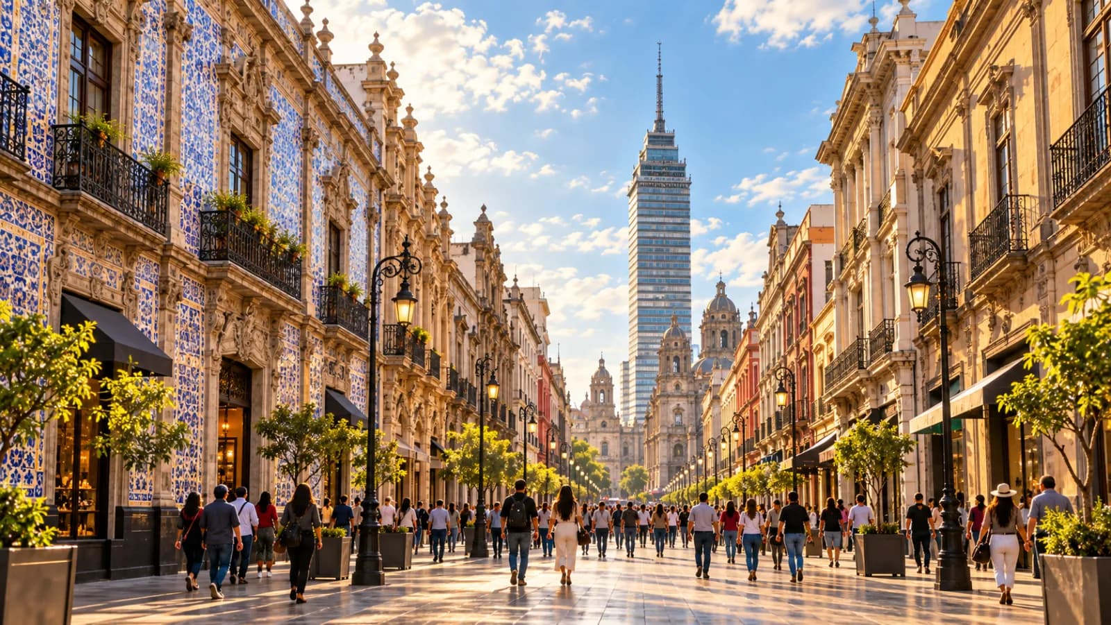 Ilustración: la calle peatonal Madero con fachadas coloniales, un edificio cubierto de talavera y la Torre Latinoamericana al fondo
