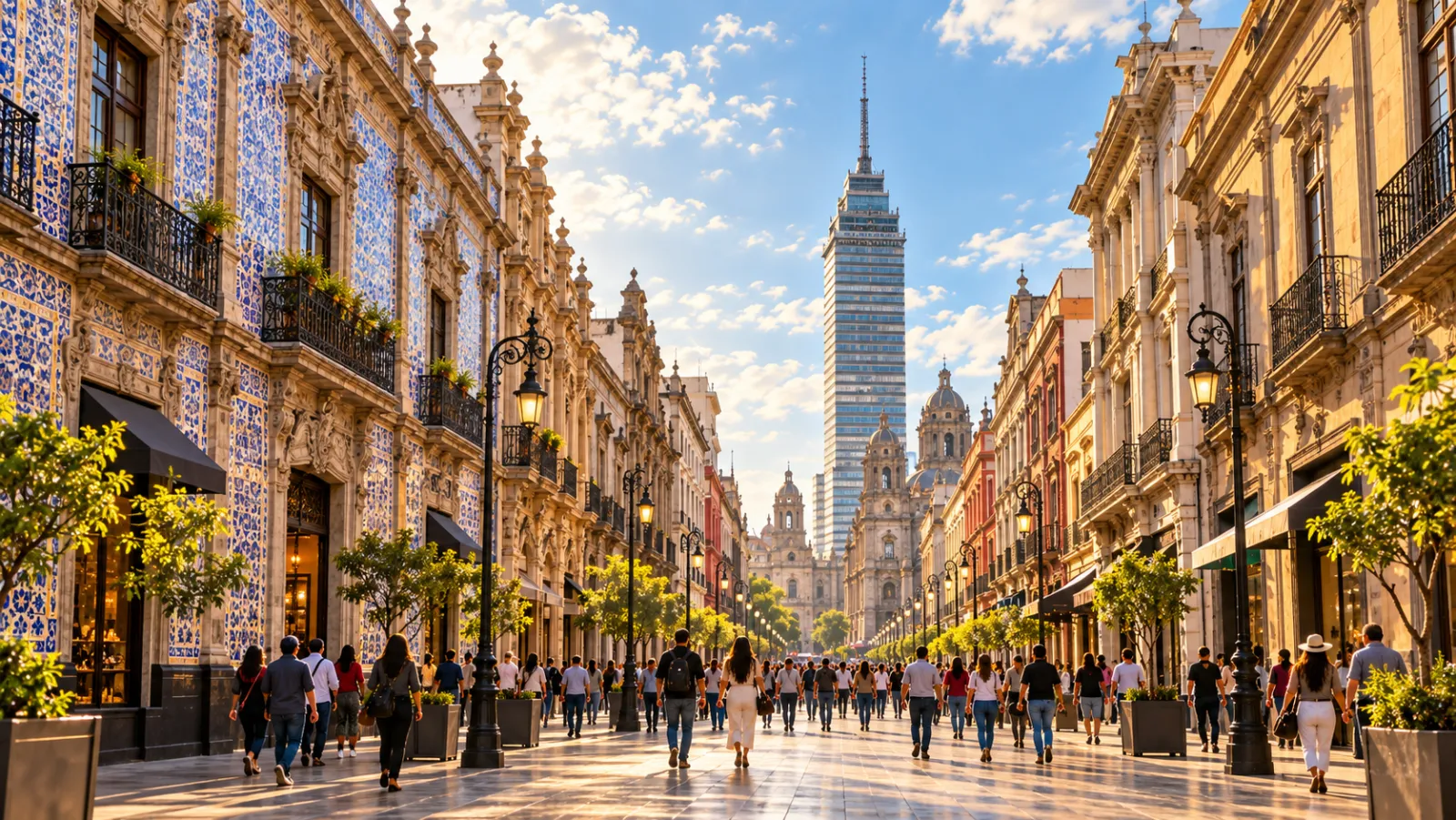Illustrazione: la via pedonale Madero con facciate coloniali, un edificio rivestito di talavera e la Torre Latinoamericana in fondo