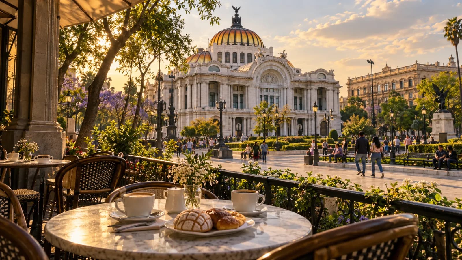 Ilustración: mesa de una terraza con café y pan dulce frente al Palacio de Bellas Artes, al otro lado de la Alameda, con la luz dorada del atardecer