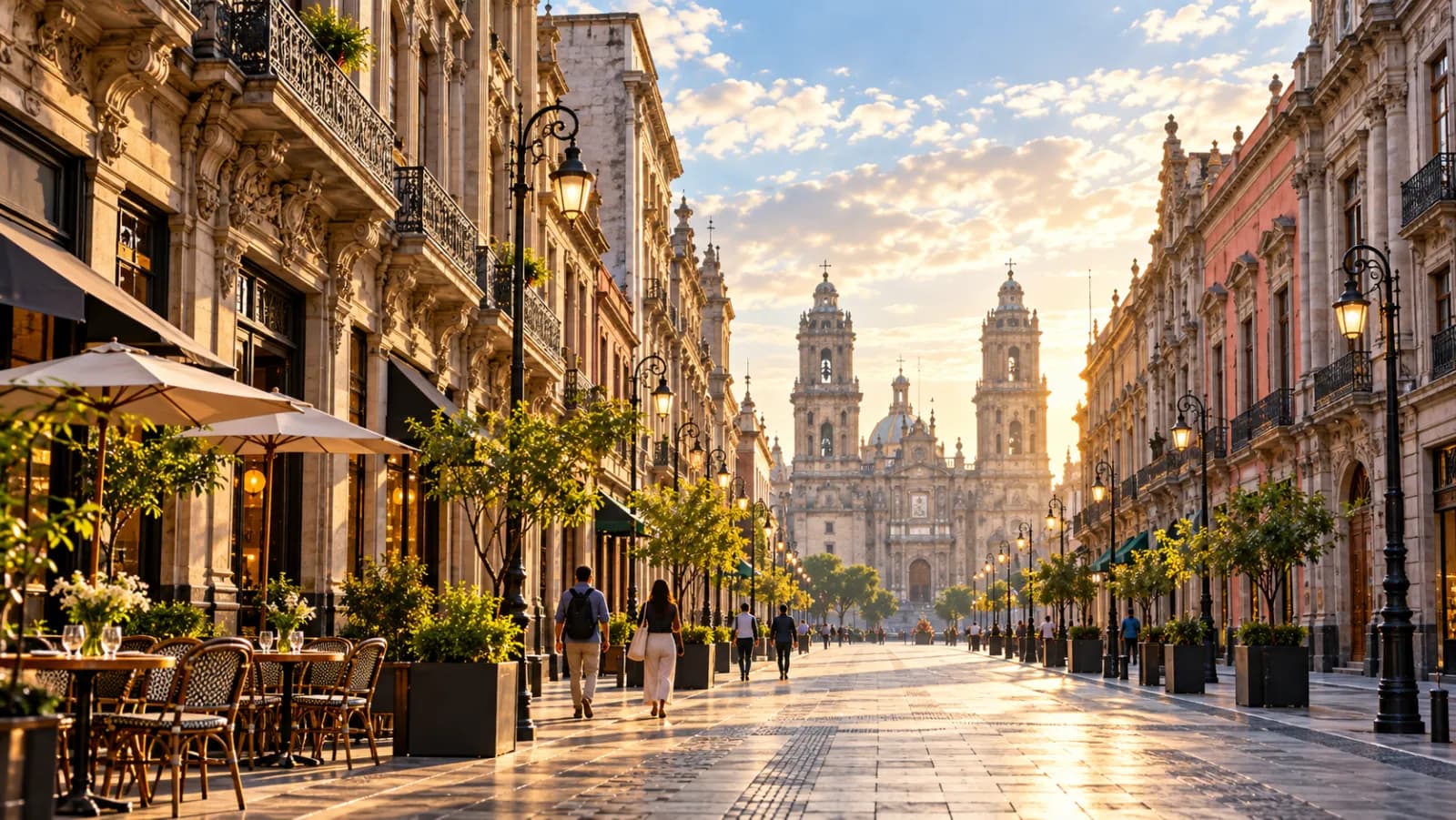 Ilustración: mañana en la avenida 5 de Mayo con vista hacia los campanarios de la Catedral Metropolitana