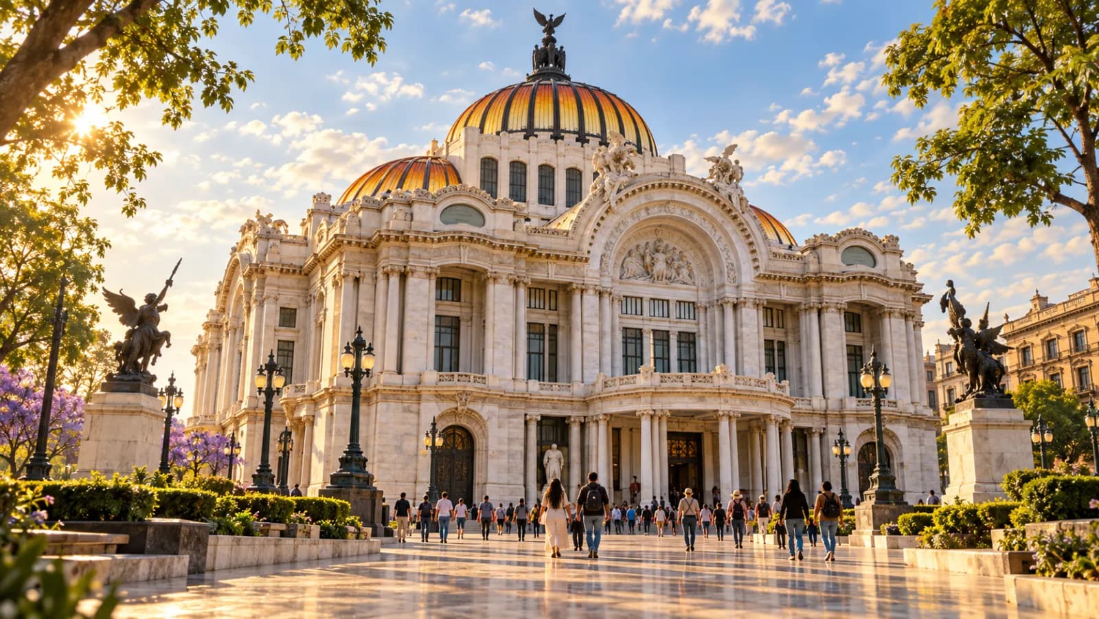 Ilustración: la fachada de mármol blanco y las cúpulas doradas del Palacio de Bellas Artes con luz de mañana, con visitantes en la explanada