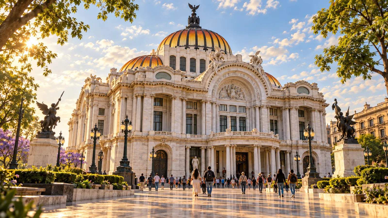 Illustrazione: la facciata in marmo bianco e le cupole dorate del Palacio de Bellas Artes nella luce del mattino, visitatori sulla spianata