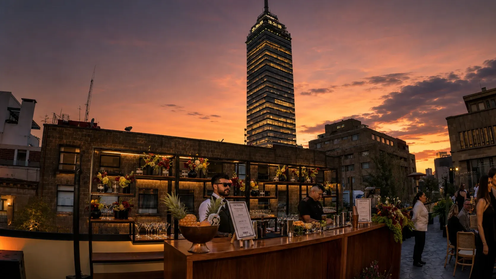 Torre Latinoamericana at sunset from the hotel's rooftop terrace