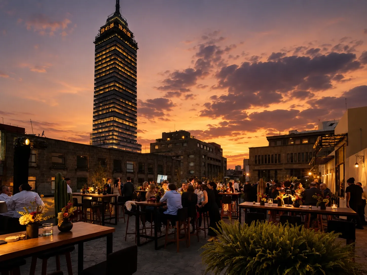 Terraza rooftop en el Hotel Bellas Artes con vista a la Torre Latinoamericana