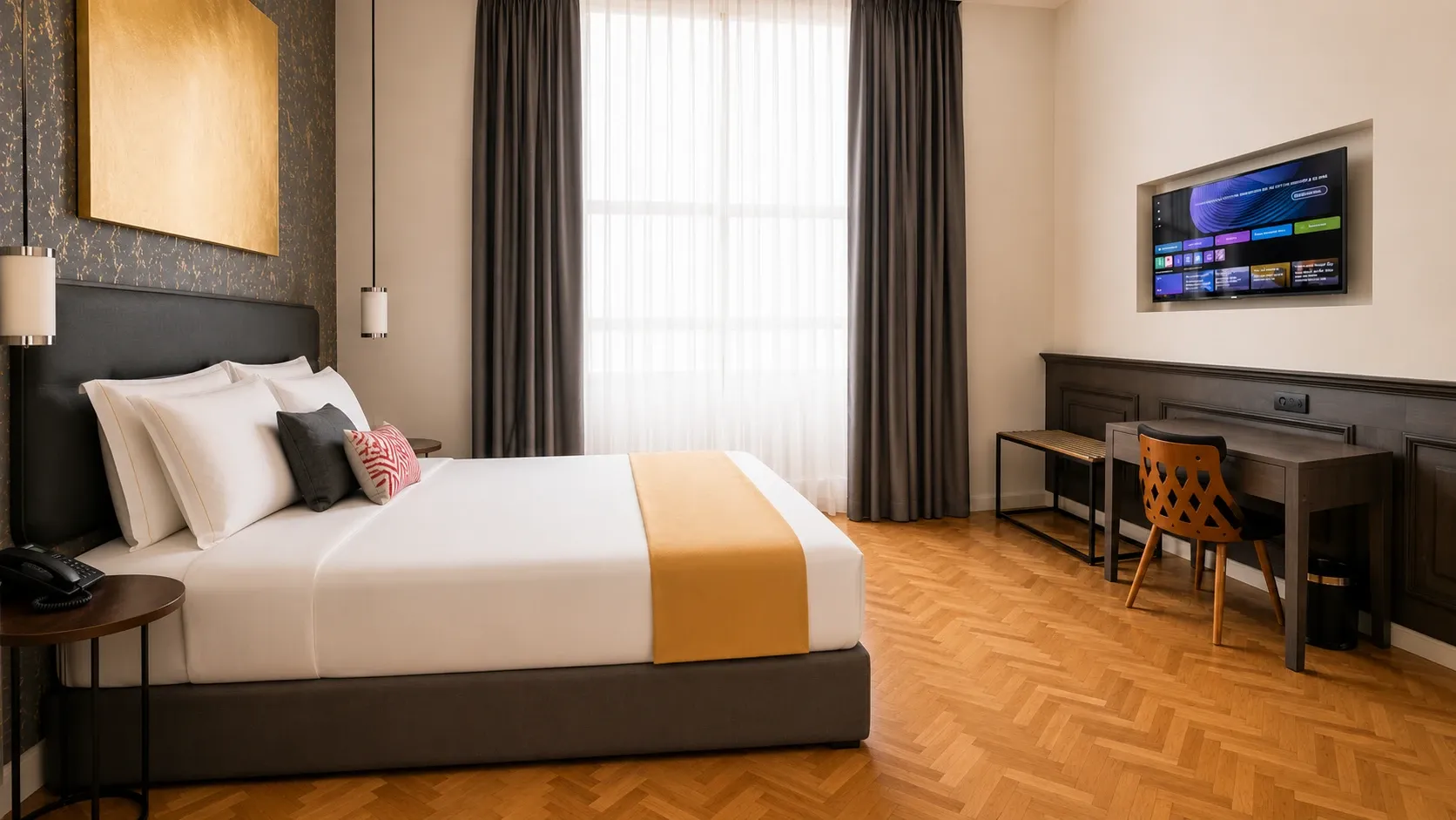 Interior Queen Suite at Hotel Bellas Artes with a cozy, warmly lit bed.